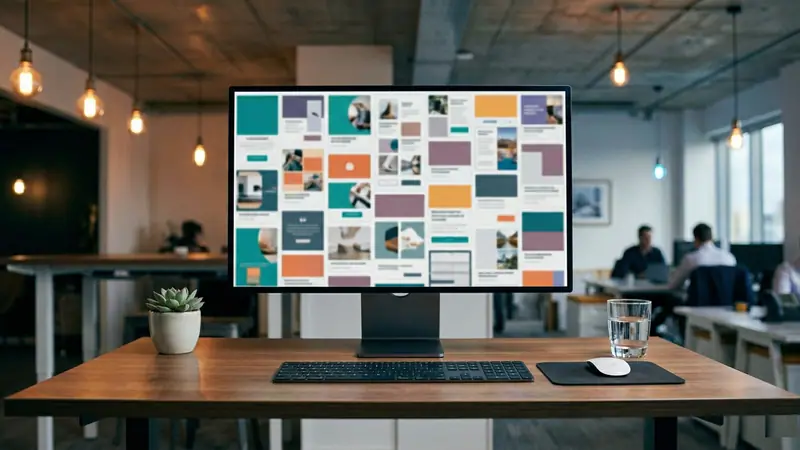 A desktop monitor displaying a grid of ad creatives in a modern office