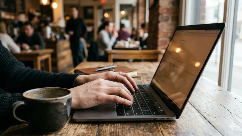 Hands typing on a laptop at a café table beside a cup of coffee
