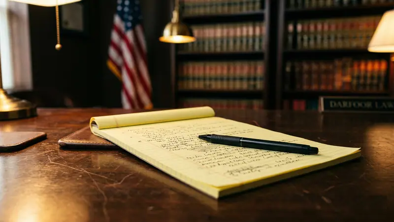 Attorney’s desk with a legal pad, pen and an American flag in a law office