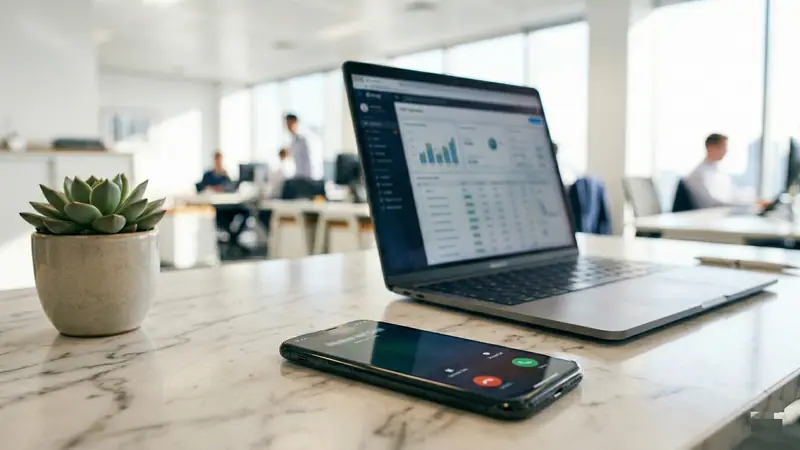 Laptop showing a dashboard and a phone on a marble desk in a bright office