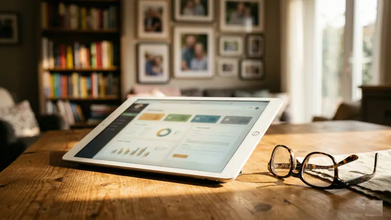 Tablet showing a dashboard on a wooden table beside a pair of glasses