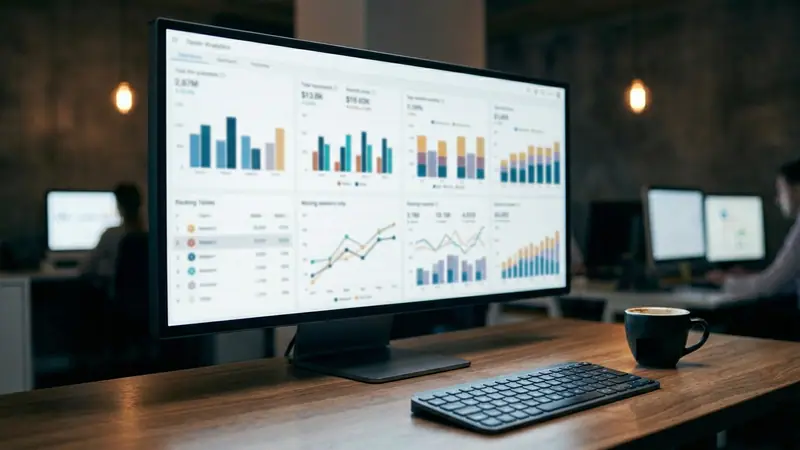 Large monitor showing analytics charts on a desk in a dim office