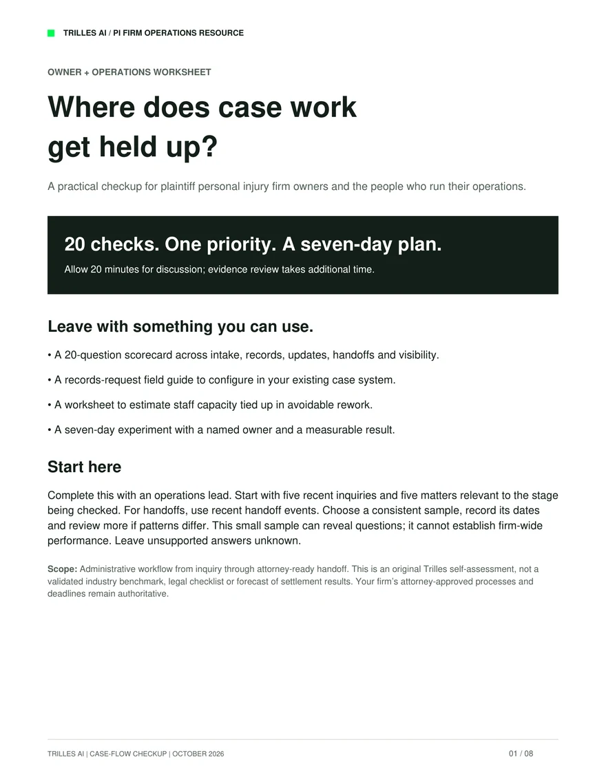 Cover page of the Personal Injury Case-Flow Checkup by Trilles AI, headed “Where does case work get held up?” with the line “20 checks. One priority. A seven-day plan.”