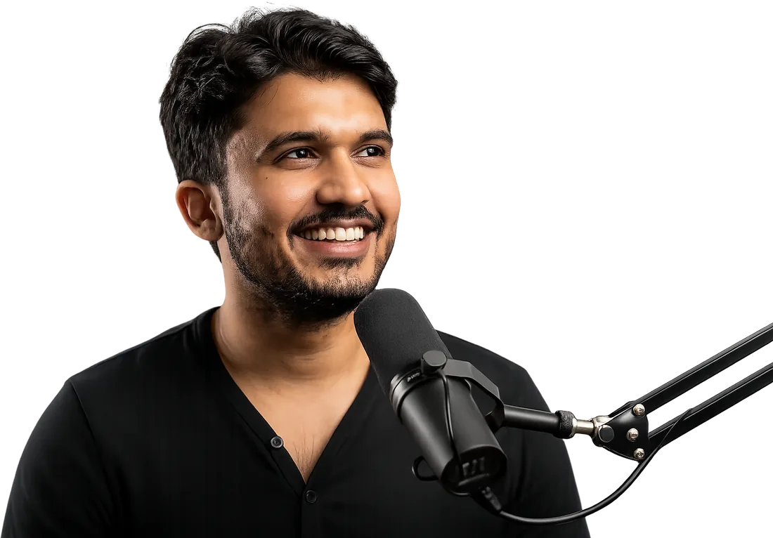 Awais Ali, host of the Awais AI Guy Show, smiling beside a podcast microphone